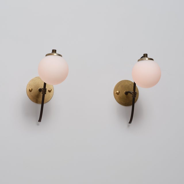Vintage Italian Brass and Opaline Globe Sconces, 1950s, Set of 2 For Sale - Image 11 of 12