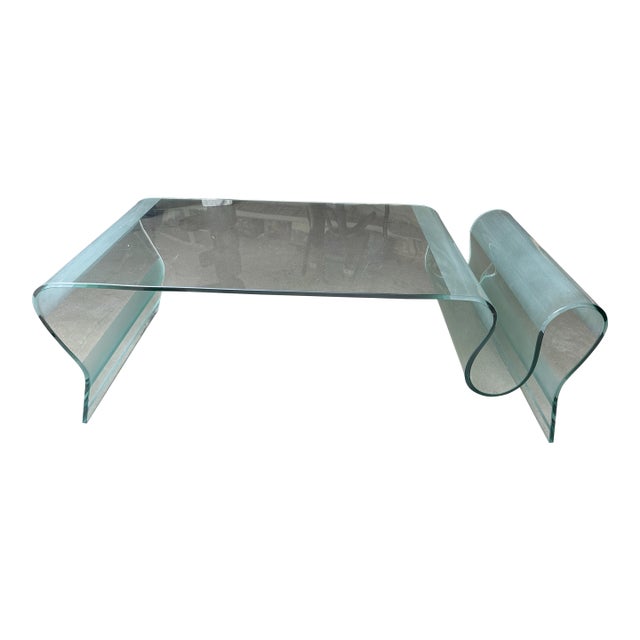 Vintage Sculptural Bent Glass Coffee Table – Postmodern Waterfall Design With Undulating Wave Form For Sale