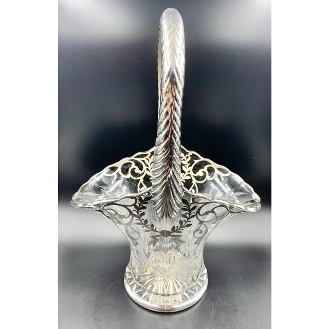 Early 20th Century Antique Etched Floral Sterling Silver Overlay Wedding Bride's Basket For Sale - Image 5 of 13