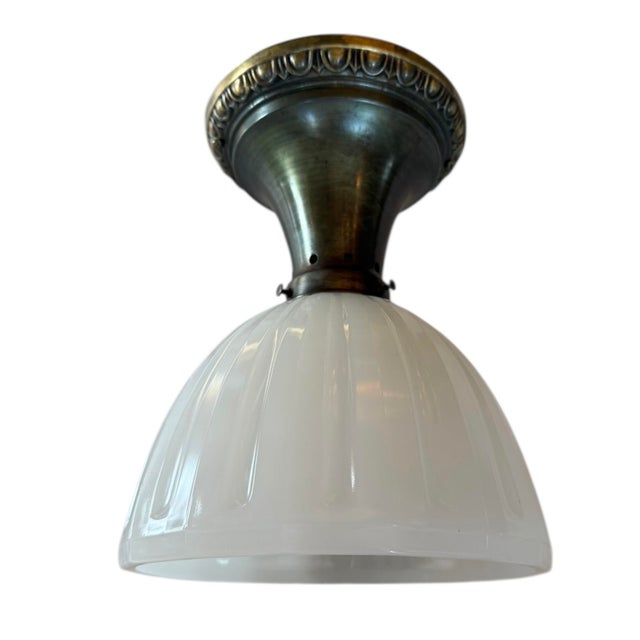 Circa 1920’s Clamshell Ceiling Light With Rare Brass Canopy For Sale - Image 4 of 5