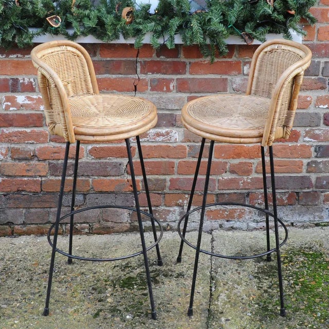 Vintage Cast Iron and Rattan Bar Stools, 1960s, Set of 2 For Sale - Image 5 of 9