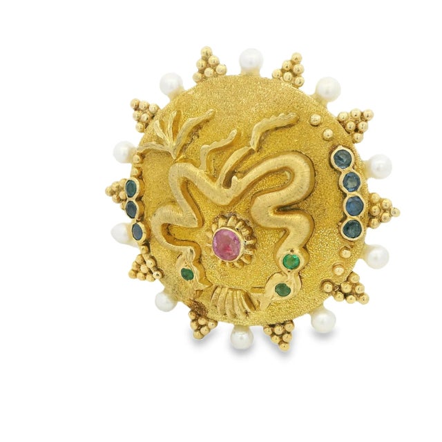 Gold Signed Ilias Lalaounis 18k Gold Gemstone and Pearl Brooch, Greece, 1970s For Sale - Image 8 of 8