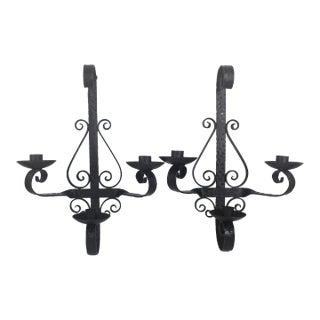 Vintage Spanish Hammered Wrought Iron Candle Sconces- A Pair For Sale