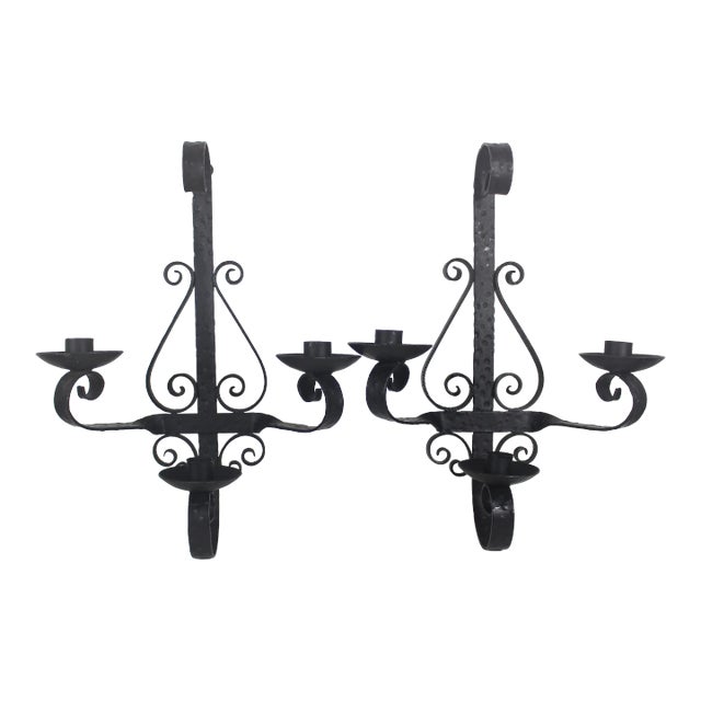 Vintage Spanish Hammered Wrought Iron Candle Sconces- A Pair For Sale