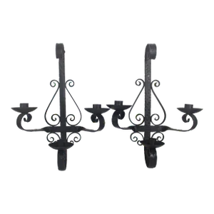 Vintage Spanish Hammered Wrought Iron Candle Sconces- A Pair