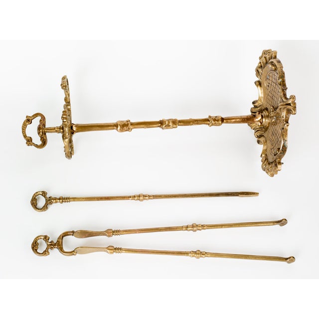 Spectacular and Exceptionally Heavy 1960s Spanish Baroque Revival Style Solid Cast Brass 3-Piece Fireplace Tools Companion...