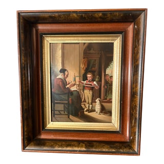 Framed Oil on Board "Grandmother Teaching Grandson How to Knit", Mid-20th Century For Sale