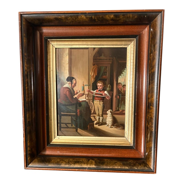 Framed Oil on Board "Grandmother Teaching Grandson How to Knit", Mid-20th Century For Sale