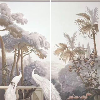 36" * H96" * 2ps, Hand-Painted French Retro Tropical Garden White Peacock Wall Mural, Low-Saturation Misty Scenic Wall Covering For Sale