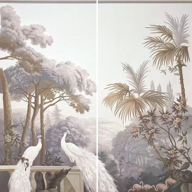 36" * H96" * 2ps, Hand-Painted French Retro Tropical Garden White Peacock Wall Mural, Low-Saturation Misty Scenic Wall Covering For Sale