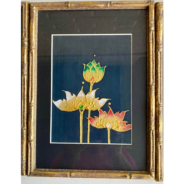 Vintage Lotus Botanical Prints, Gold Faux Bamboo Frames – Set of 3 For Sale In Austin - Image 6 of 12