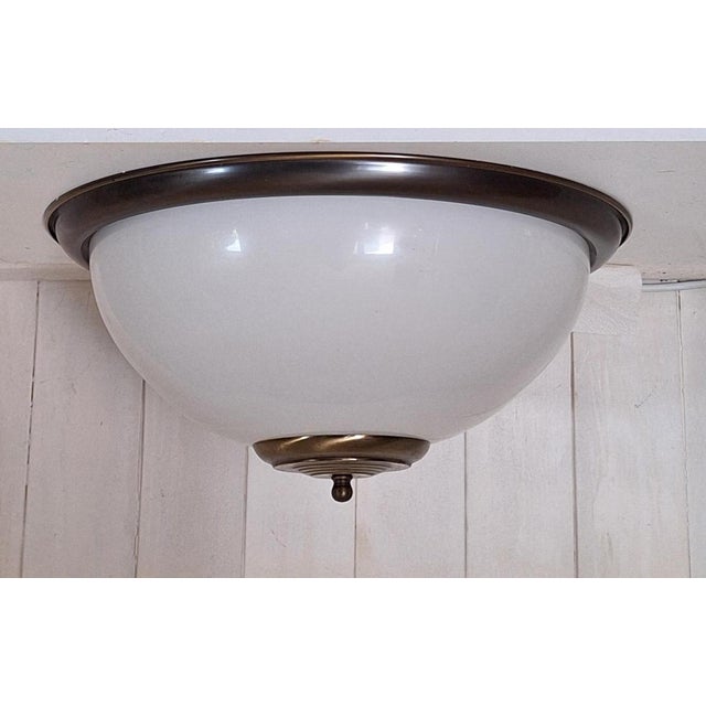 Vintage Ceiling Lamp with a Patinated Brass Frame and Opaque White Glass Shade by Honsel, 1990s, in Very Good conditions....