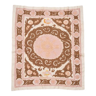 Central Asian Suzani Tablecloth - Vintage Embroidered Textile 4'5'' X 5'6'' For Sale