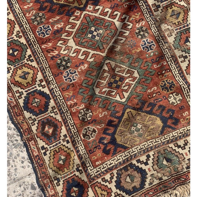 Textile 1880s, Handmade Antique Caucasian Kazak Rug 3.4' X 4.4' For Sale - Image 7 of 10