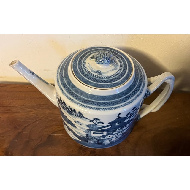 Ceramic Antique 19th Century Chinese Export Blue & White Porcelain Canton Tea Pot For Sale - Image 7 of 12