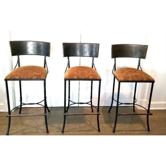 Custom Handmade Iron Bar Stool With Holly Hunt Fabric - Set of 3 For Sale In New York - Image 6 of 8