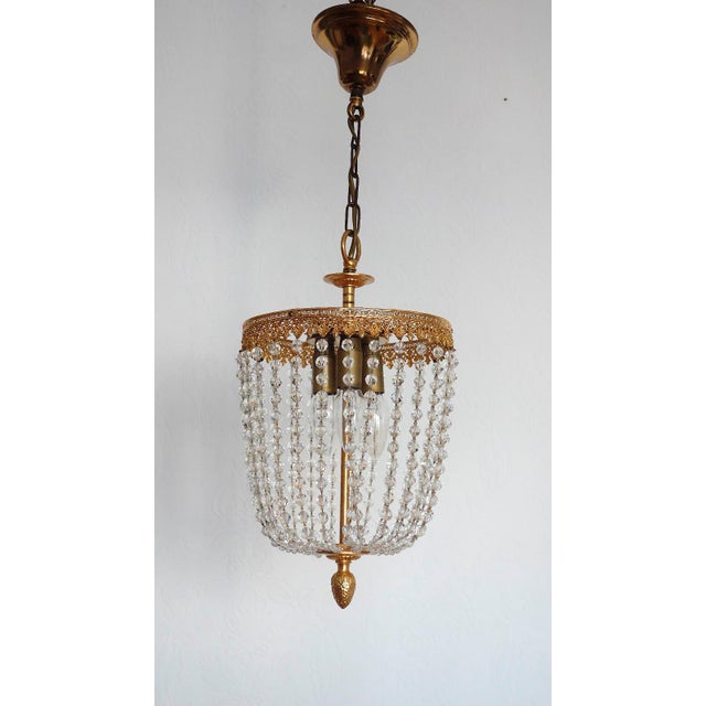 Mid-Century Modern Brass Lead Crystal Pearl Three Lights Chandelier, 1960s For Sale - Image 3 of 11