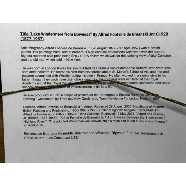 Large Antique Oil Painting Lake District Windermere at Dawn View From Bowness by Alfred De Breanski Jr For Sale - Image 12 of 13