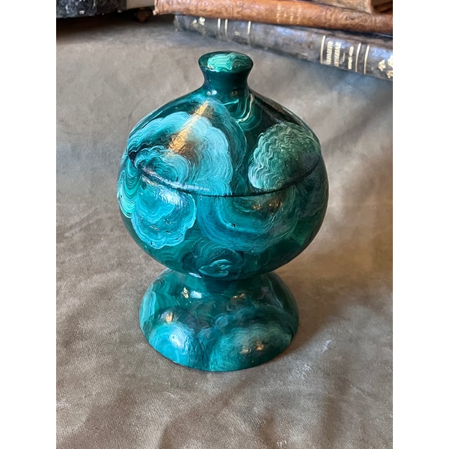 Vintage vase with lid coverVintage Faux Malachite Empire revival, grand tour style free hand painted small table article...