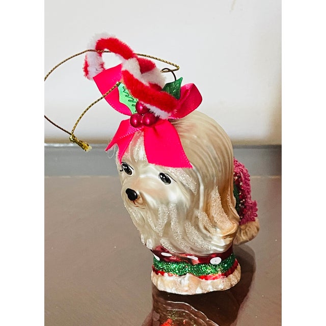 Vintage 20 th c handmade glass Christmas ornament Shitzu dog.