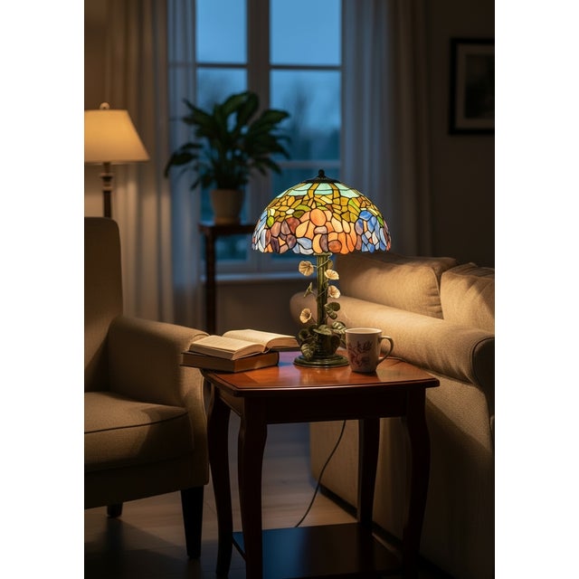Tiffany Tole Flower Table Lamp Resin Tiffany Shade Green tole frame with light pink flowers Height including shade 64 cm...