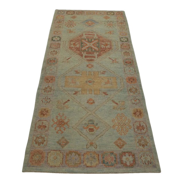 Blue Multicolor Handwoven Turkish Oushak Runner 3'2" X 7' For Sale