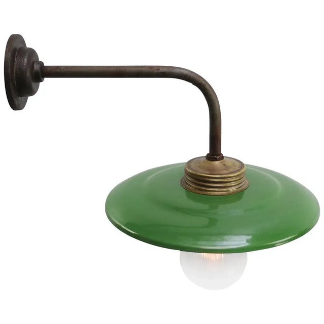 Vintage Industrial Brass and Glass Wall Light in Green Enamel For Sale - Image 4 of 6