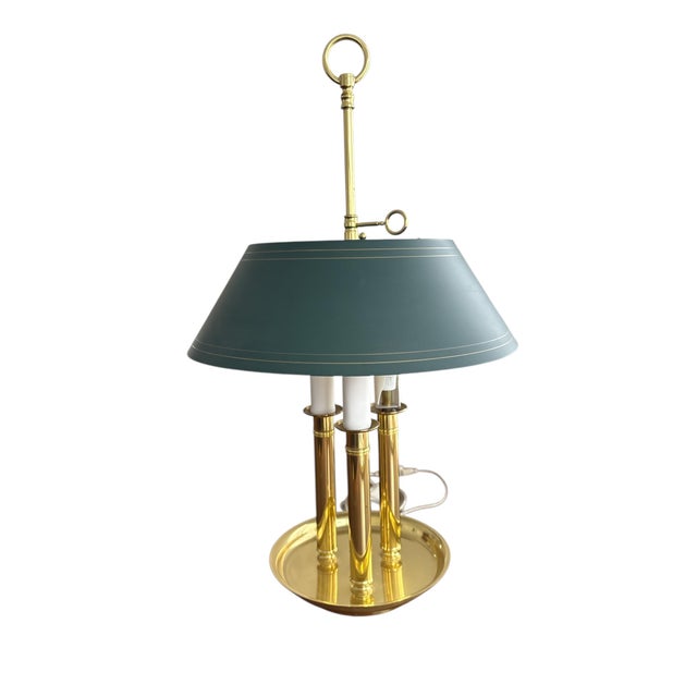 Elegant brass bouillotte-style desk lamp with double light and green metal shade. Classic French/English design, perfect...