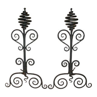 Andirons Antique Hand Wrought With Scroll and Corkscrew Motif - A Pair For Sale
