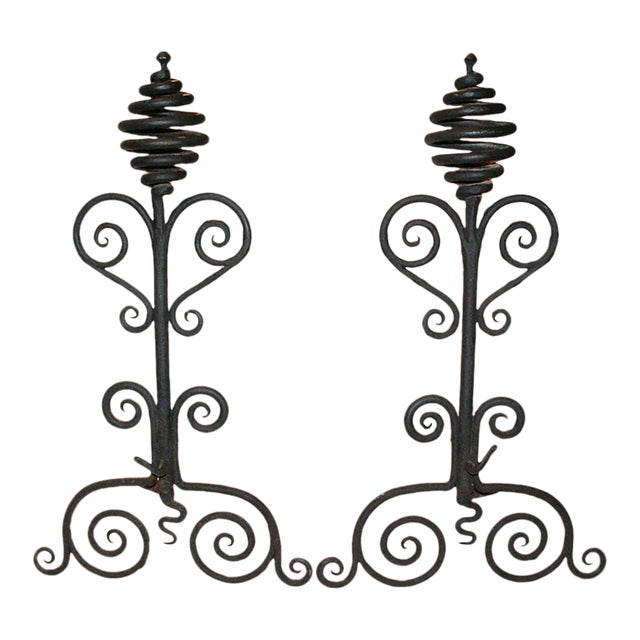Andirons Antique Hand Wrought With Scroll and Corkscrew Motif - A Pair For Sale
