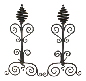 Andirons Antique Hand Wrought With Scroll and Corkscrew Motif - A Pair