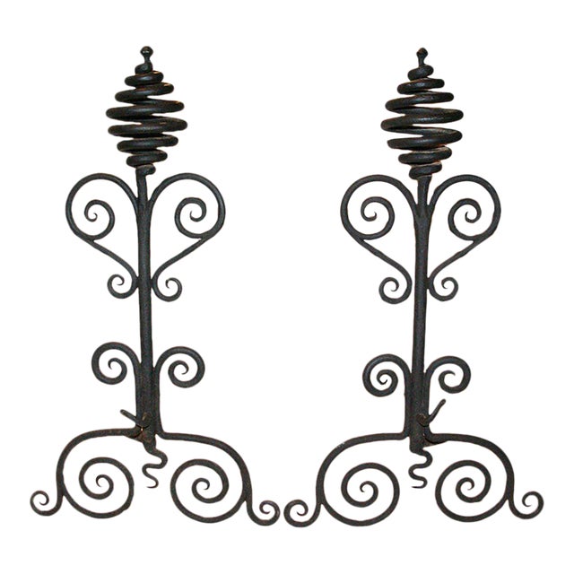 Early 20th Century Hand Wrought Andirons with Scroll and Corkscrew Motif - a Pair For Sale