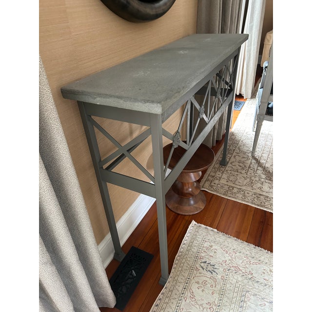 Grey Console Table With Geometric Latticework and Marble Top For Sale - Image 11 of 11