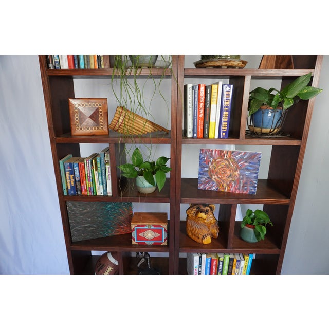 Handcrafted Solid Wood Bookcase Set | Custom Library Wall | Hickory Stain Bookshelf, 2 Pieces For Sale - Image 14 of 17