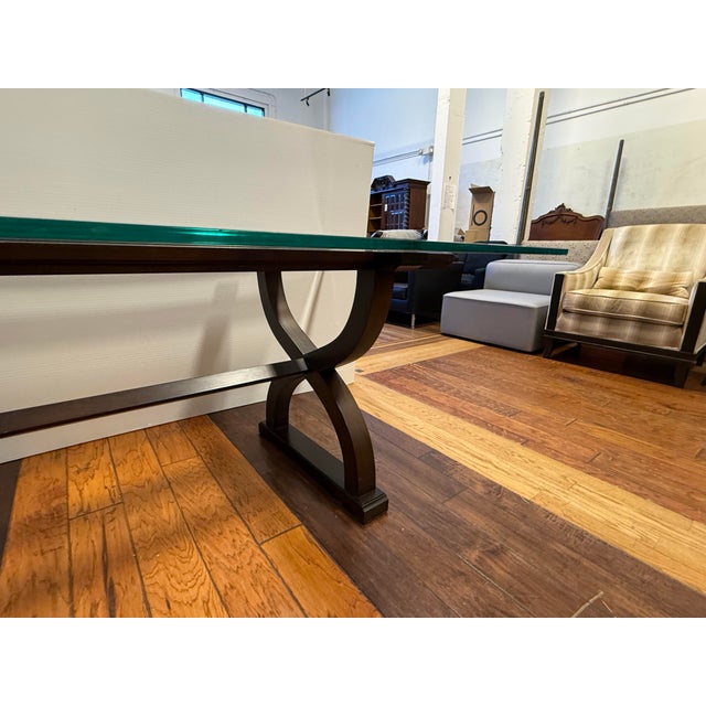 Contemporary Sculptural Trestle Wood + Glass Dining Table For Sale - Image 4 of 12