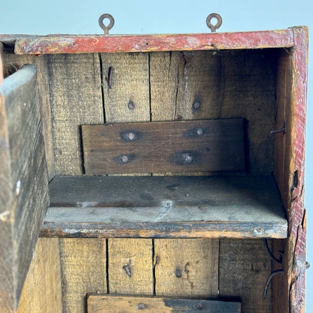 Early 19th C. Americana Primitive Small Handmade Wall Cupboard With Leather Straps Hinges & Latch For Sale - Image 14 of 14