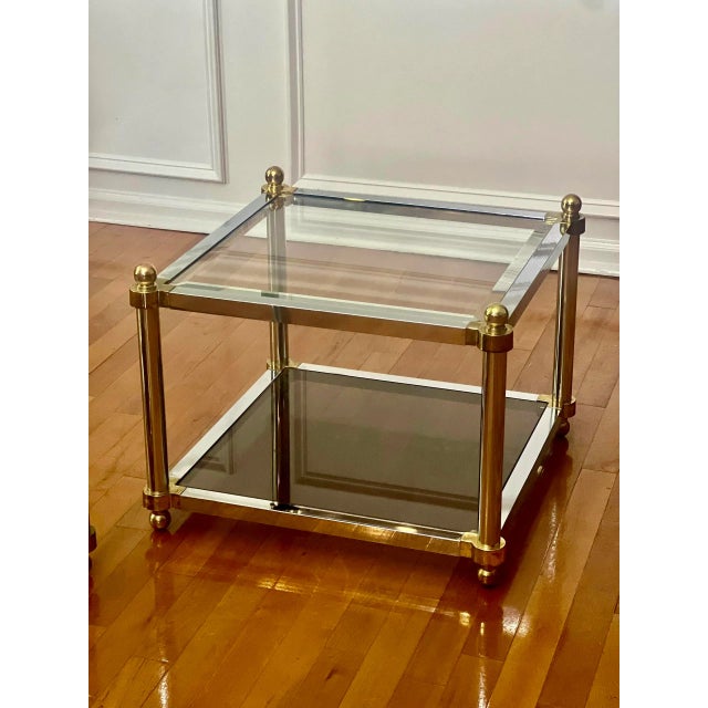 Mid-Century Modern Mid Century Maison Jansen Style Two Tier Brass and Chrome Glass Square Tables, Pair For Sale - Image 3 of 12