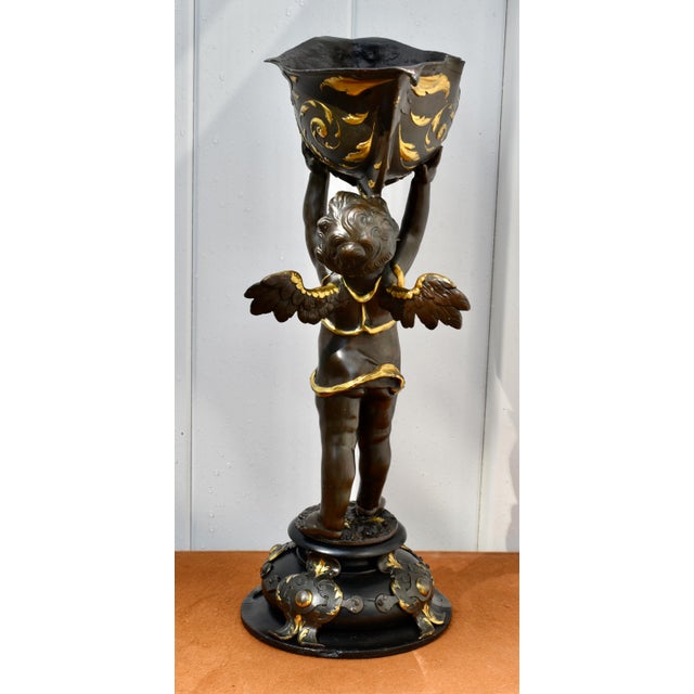 Antique Gilt Bronze Cherub Figure Holding Shell Form Centerpiece Bowl For Sale - Image 13 of 18