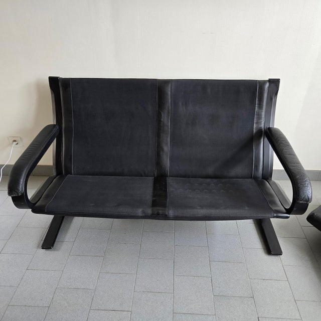 Vintage Scandinavian Two-Seater Sofa in Black Leather and Curved Wood, 1970s For Sale - Image 16 of 18