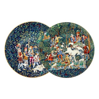 1970s French Limoges La Chasse a La Licorne / the Unicorn Tapestries Decorative Plates - A Pair For Sale