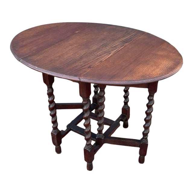 Antique English Table Drop Leaf Gateleg Barley Twist Oak Oval C. 1920-30s For Sale