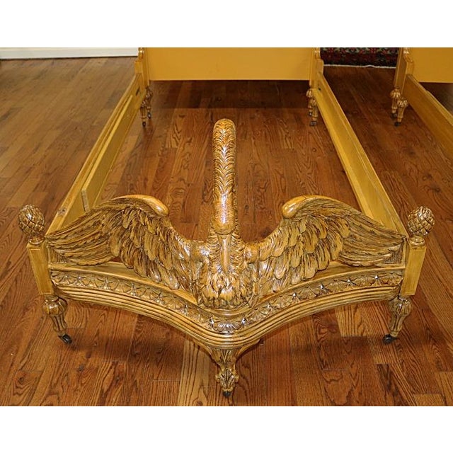 Pair of Swan Carved Paint Decorated & Inlaid Kingwood Twin Beds Circa
