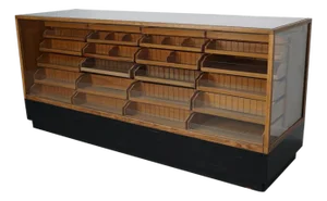 Vintage German Oak Glass Shop Counter Haberdashery Cabinet, 1950