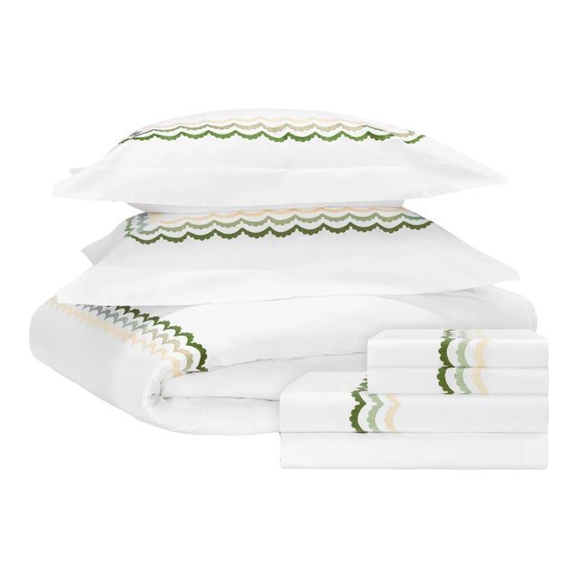 Celerie Kemble + Hamburg House Green Scallop Cal. King Bedding Set - 7 Pieces For Sale