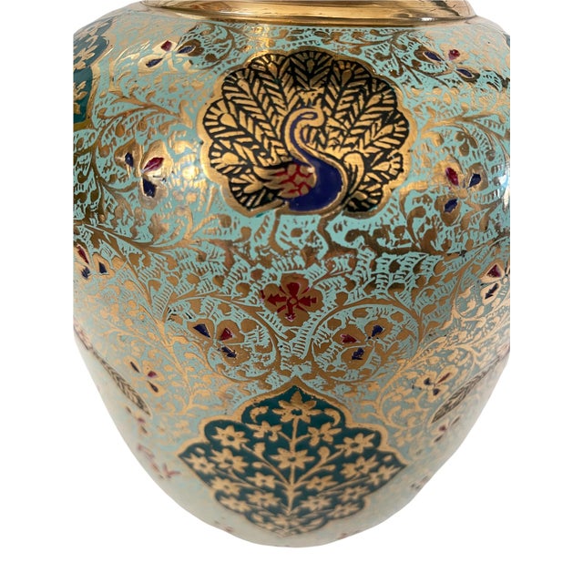 Hand Painted Brass Vase With Floral and Peacock Motif. 9.5” Tall Chairish