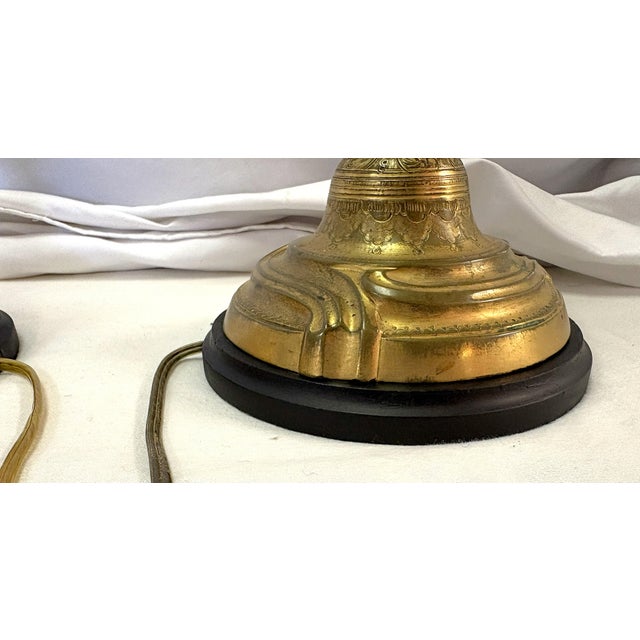 Antique French Art Nouveau Embossed Brass Candlestick Lamps- A Pair For Sale - Image 14 of 18
