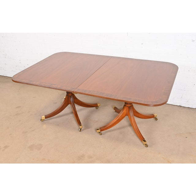 Brown Baker Furniture Style Georgian Banded Mahogany Triple Pedestal Extension Dining Table, Newly Refinished For Sale - Image 8 of 12