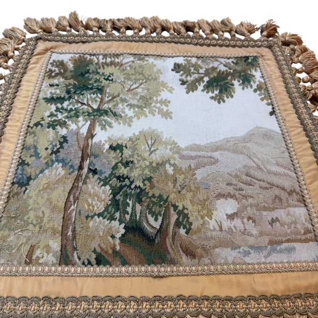A gorgeous vintage French cushion cover featuring an exquisite Aubusson-style landscape panel in silk. The traditional...