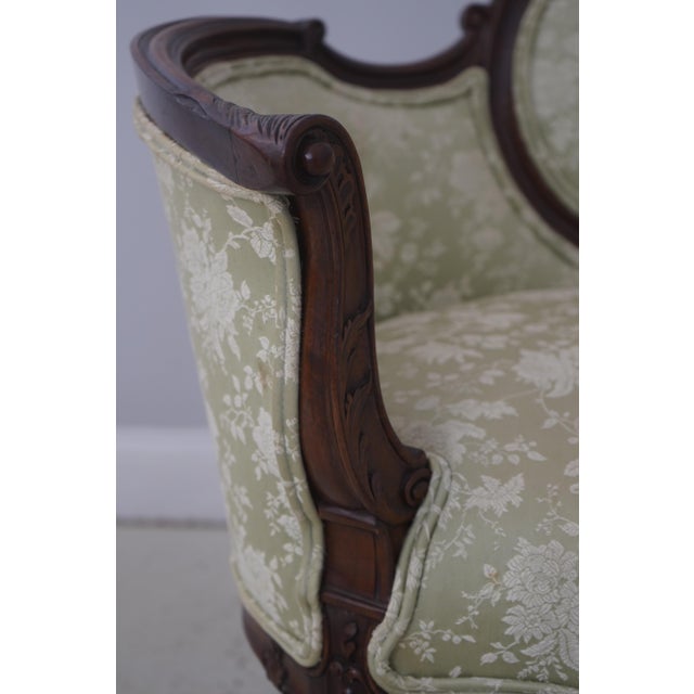 Vintage Walnut Rococo Parlor Settee W. Damask Upholstery For Sale - Image 15 of 18