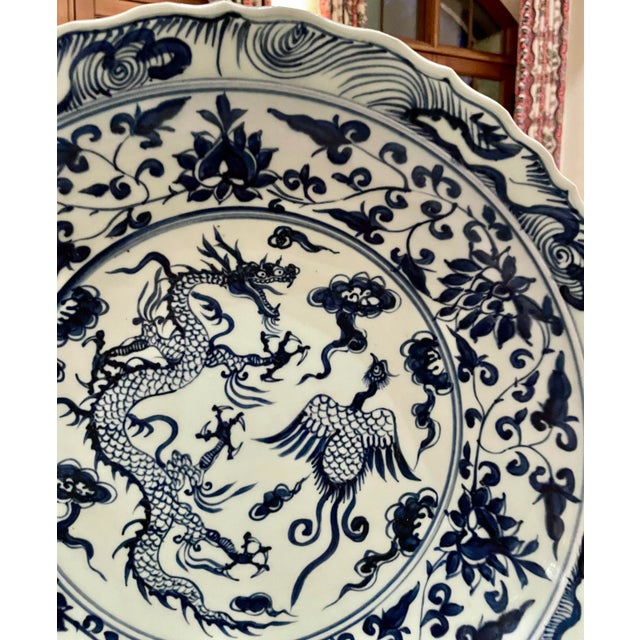 Pair of Oversized Chinese Blue & White Porcelain Charger Plates With Dragon & Phoenix Motif – 17.4” For Sale - Image 9 of 12